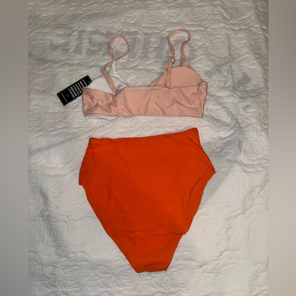 Blooming Jelly - Pink & White Tie-Front Bikini Top with Orange High-Waist Bottom - Picture 3 of 8
